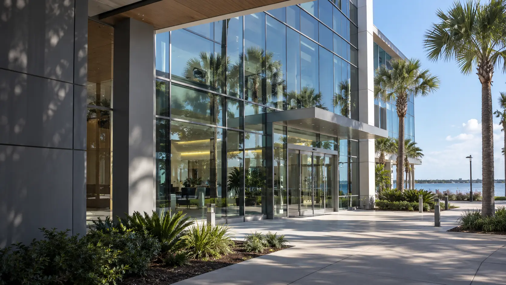 Commercial glass building in a Gulf Coast setting