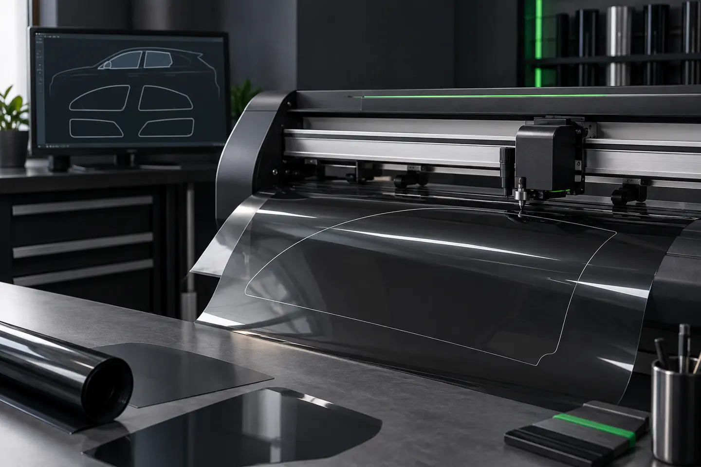 Computer-controlled plotter cutting a vehicle-specific window-film pattern