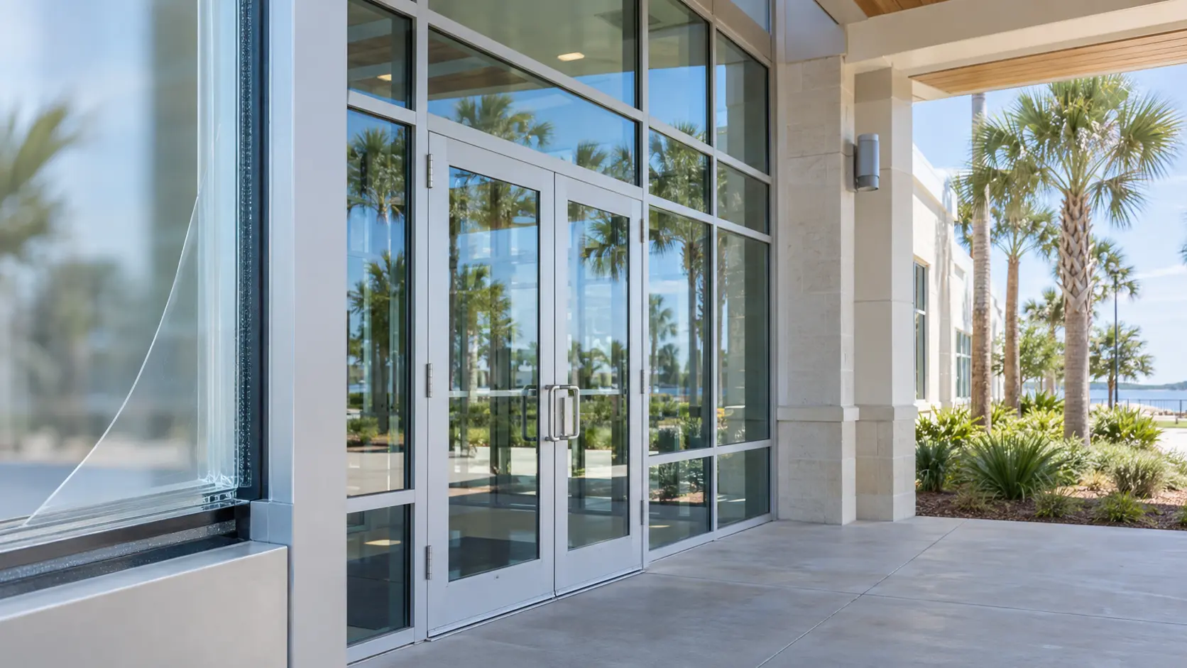Security film system on a Gulf Coast facility entrance